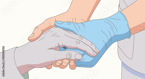 An empathetic medical caregiver provides gentle reassurance and support, holding an elderly person's hand with a protective blue glove in a healthcare setting.