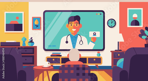 Observing a doctor on-screen, an older person experiences modern telemedicine, accessing healthcare services from the comfort of their stylish home.