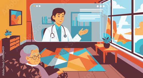 A senior woman engages in a virtual medical consultation with a professional female doctor on a transparent screen, representing modern accessible healthcare.