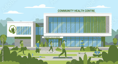 A modern community health centre building provides a vibrant setting for diverse individuals actively engaging in outdoor fitness, promoting health.
