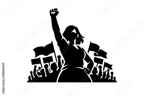 Powerful woman leading a crowd of protesters with raised fists and flags during a demonstration