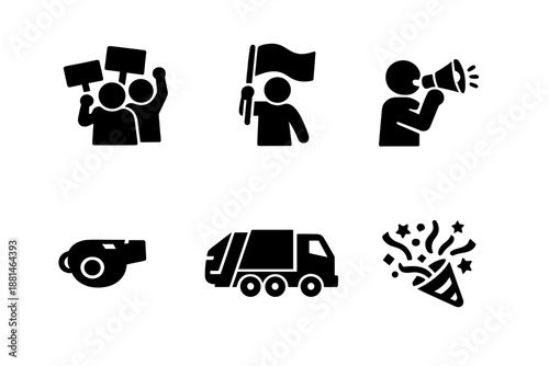 Set of black glyphs for public demonstration, party, and city services including megaphone, flag, and garbage truck