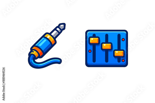 Bright blue audio jack plug icon and graphic sound equalizer faders control panel