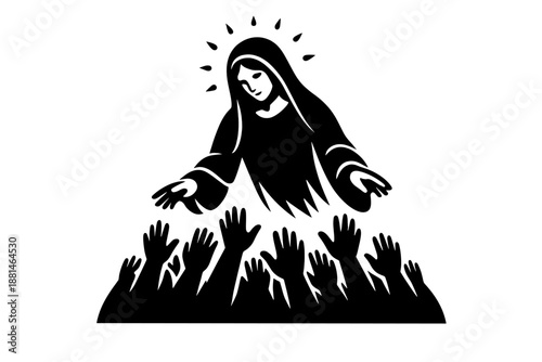 Silhouette of the Virgin Mary figure with open arms above a crowd of supplicating hands
