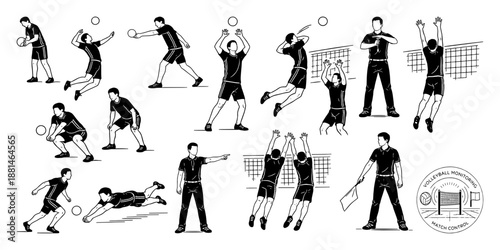 バスケットボールの基本動作と人物ポーズ 線画イラスト集、Basketball Basic Movements and Player Poses Line Illustration Set