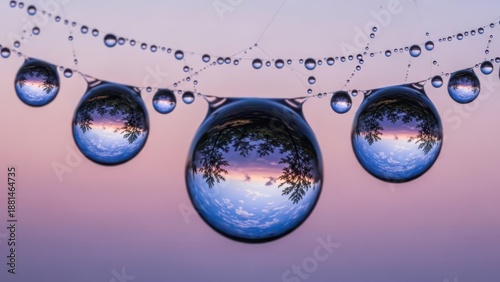 Intricate macro photography of glistening water droplets on a spider web, reflecting inverted trees and a vibrant blue, purple, pink dawn sky.