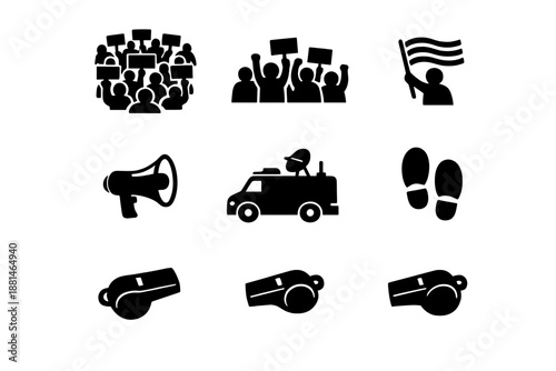 Set of black silhouette symbols for protest, demonstration, and social activism