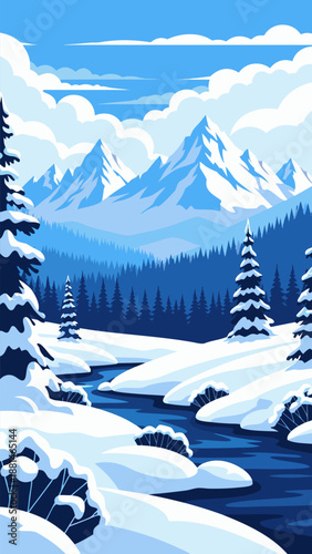 A captivating winter landscape vector illustration depicting snow-covered pine trees and mountains under a cloudy sky