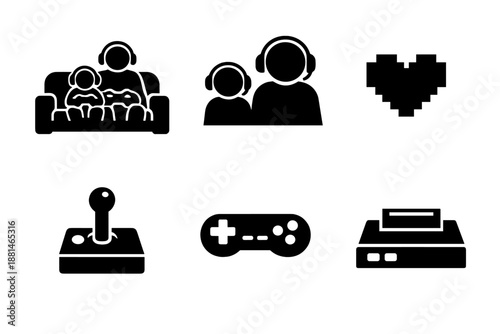 Video game and esports symbols featuring controllers, console, and players
