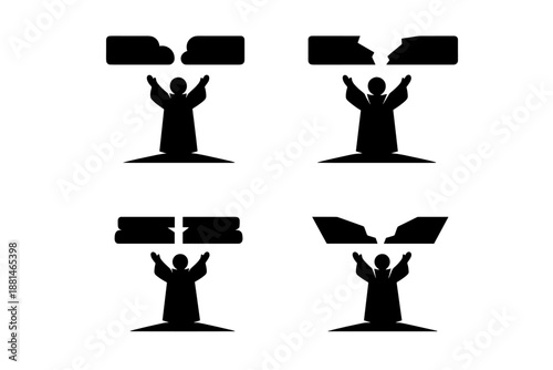 Abstract concept icons showing a stylized figure supporting broken and joined rectangular shapes