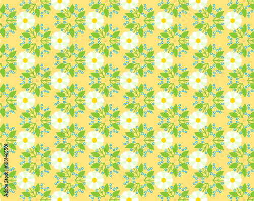 Simple spring- summer floral pattern, ornament, texture Light flowers and green leaves on yellow background