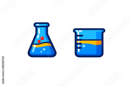 Laboratory glassware set featuring an Erlenmeyer flask and a graduated beaker with reactive solutions
