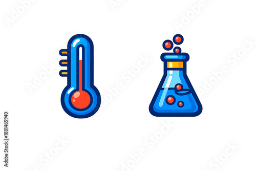 Brightly colored thermometer indicating heat and a conical flask with bubbling chemical reaction