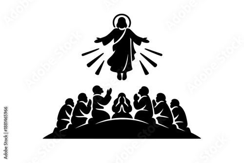 Religious icon of the Ascension of Christ with disciples kneeling in prayer