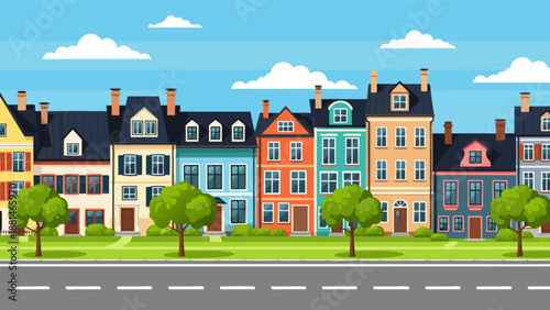 Charming suburban street vector illustration with colorful houses and trees, a picturesque neighborhood scene