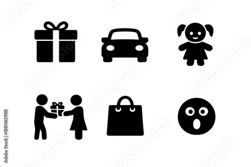 A collection of six essential symbols representing shopping, transportation, gifts, and emotional reactions