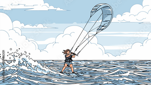 Vector illustration of a person kitesurfing on a wavy ocean under a cloudy sky