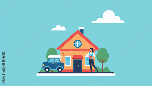 Charming vector illustration of a woman with a car in front of a house, depicting a lifestyle scene