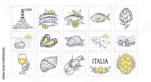Collection of italian food and travel illustrations