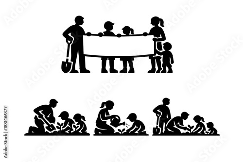 Community group planting saplings and holding a blank banner for environmental awareness