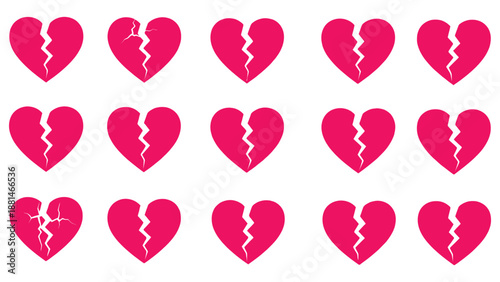A pattern of pink broken hearts on a white background displays emotion and sadness.