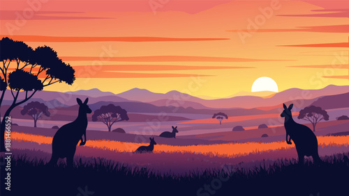 Vibrant vector illustration of kangaroos in the Australian outback at sunset, a serene landscape scene