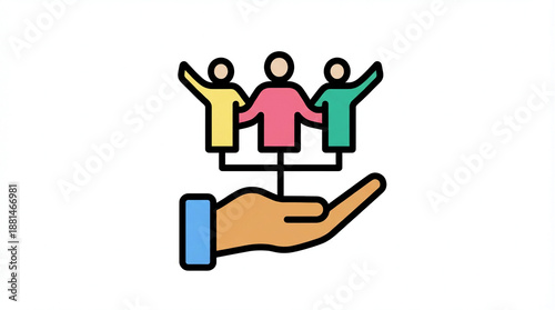 Supportive hand holding three joyful people in balance symbolizing teamwork and unity in a colorful illustration