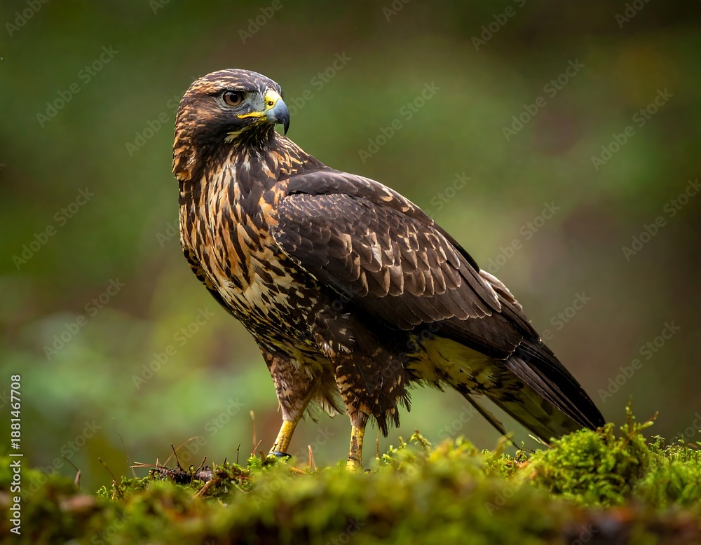 Fototapeta premium Hawk perched on moss. Looking alert with brown and yellow feathers against blurred green background