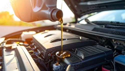 A close-up of engine oil being poured into an open car engine