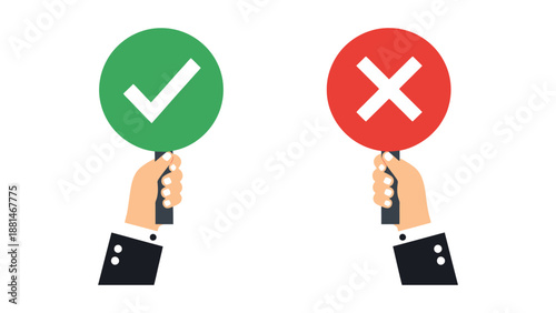 Hands hold signs with a checkmark and a cross, indicating approval and disapproval.