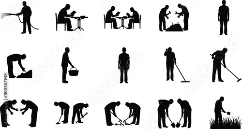 Silhouette people working icons set, manual labor activities, gardening cleaning digging teamwork tasks, human actions collection, black worker figures isolated on white background