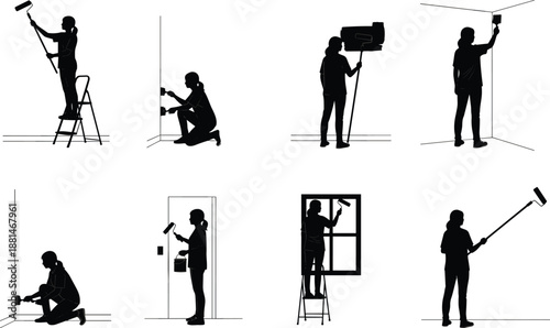 Silhouette painters using rollers ladders and brushes, interior wall painting workers at home renovation construction service concept isolated illustration set for professional design use