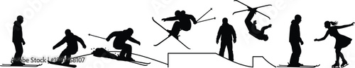 Skier silhouette sequence, freestyle skiing jump trick action, winter sports motion steps, black figure isolated on white background extreme snow athlete training progression illustration
