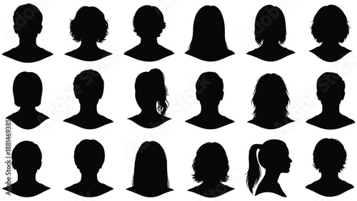 Collection of diverse anonymous silhouettes of human heads and hairstyles.