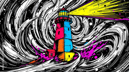 Vibrant, multi-colored lighthouse standing amidst a dramatic, swirling black and white abstract vortex, emitting a bright yellow beam of light, with splashes of magenta.