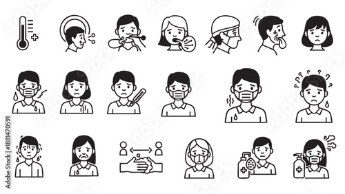 Collection of diverse people showing various illness symptoms and recovery steps