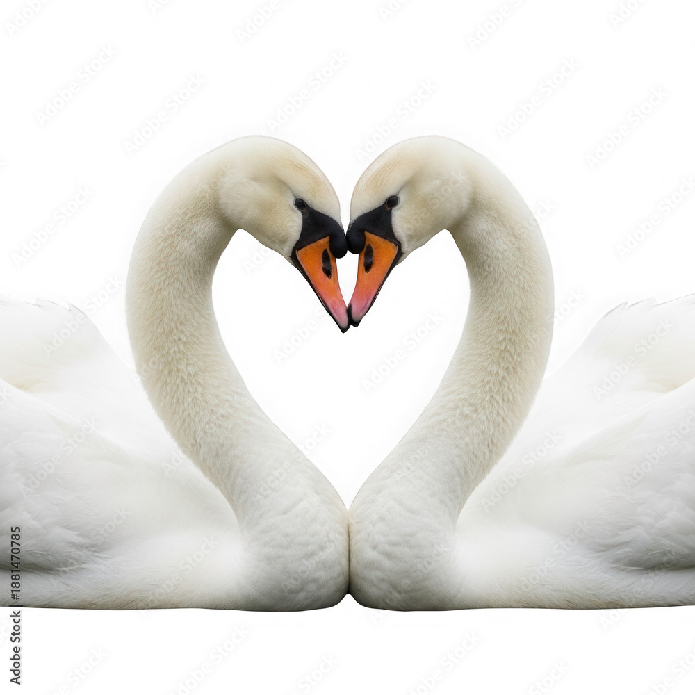 Fototapeta premium A graceful pair of white swans forming a perfect heart shape, symbolizing enduring love and unity isolated on transparent background
