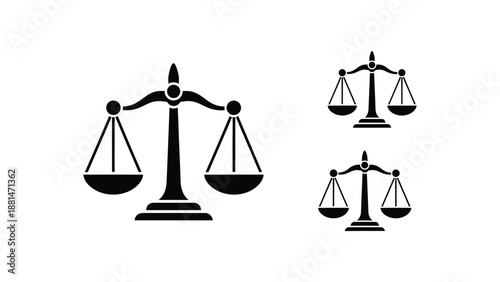 A set of three black silhouette balance scale icons on a white background.