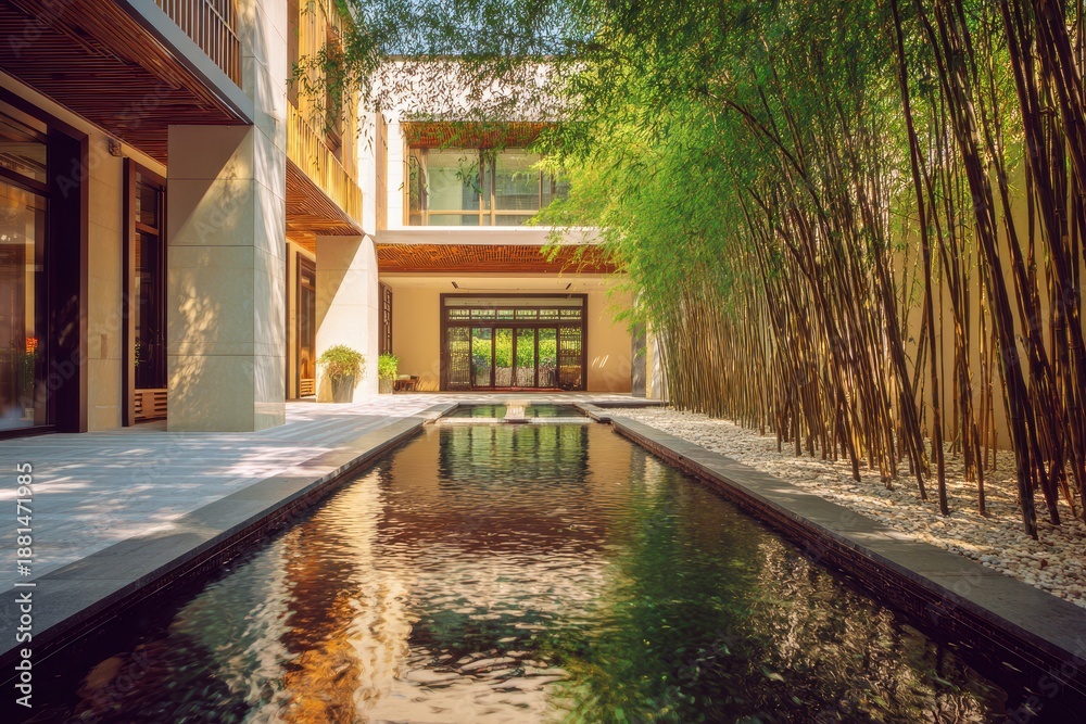 Fototapeta premium Modern Luxury Courtyard Oasis with Reflecting Pool, Bamboo Shadows, and Zen Garden Atmosphere