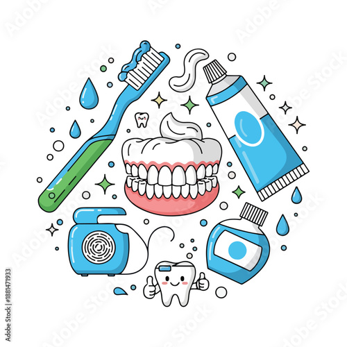 A colorful cartoon illustration of dental care products