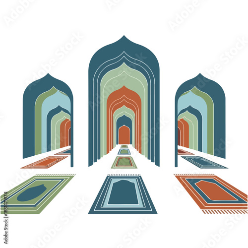 A colorful illustration of a mosque with archways and prayer mats