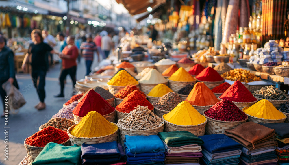 Fototapeta premium Heaps of colorful spices and seasonings in baskets at traditional street market bazaar for travel culinary culture concepts