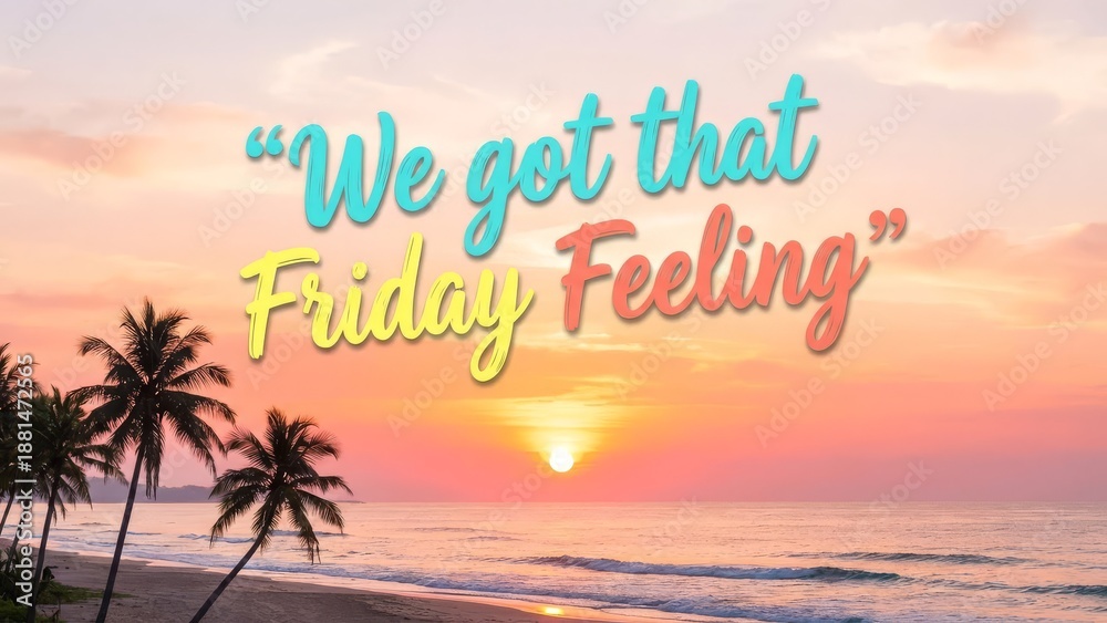 Obraz premium Vibrant Sunset Beach with Palm Trees and We Got That Friday Feeling Text.