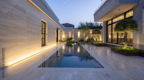 Luxury Villa Courtyard at Dusk: Infinity Pool, Modern Architecture, Warm Ambient Lighting, Serene Evening