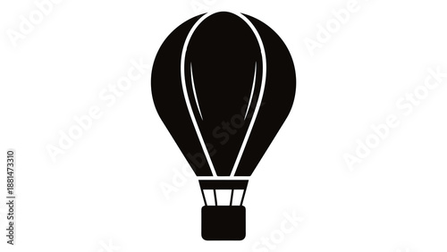 Black and white illustration of a hot air balloon with a basket, ready for flight.