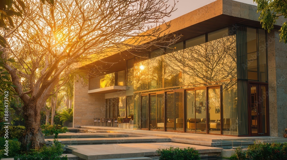 Obraz premium Luxury Modern Villa Architecture with Full Glass Facade and Garden View at Sunset, Golden Hour Light