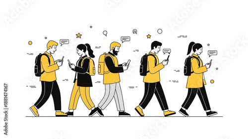 People Walking With Smartphones, Digital Communication Concept, Flat Design