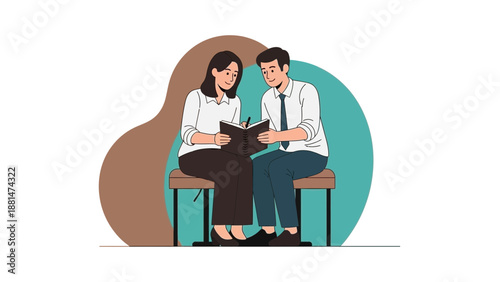 Two colleagues reading a book together, collaboration, shared knowledge, teamwork concept.