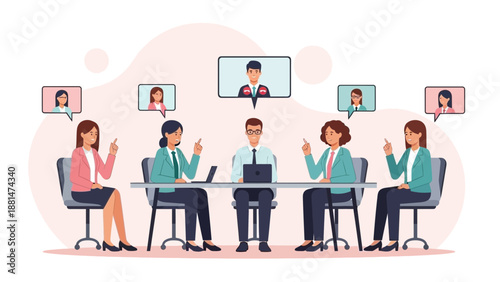 Remote Team Meeting: Diverse colleagues connect via video conference for collaboration