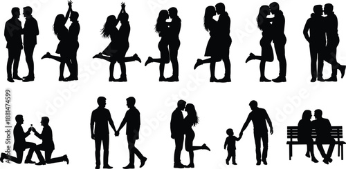 Diamond engagement ring outline and solid icon set, black white jewelry symbol illustration for wedding proposal luxury love design.